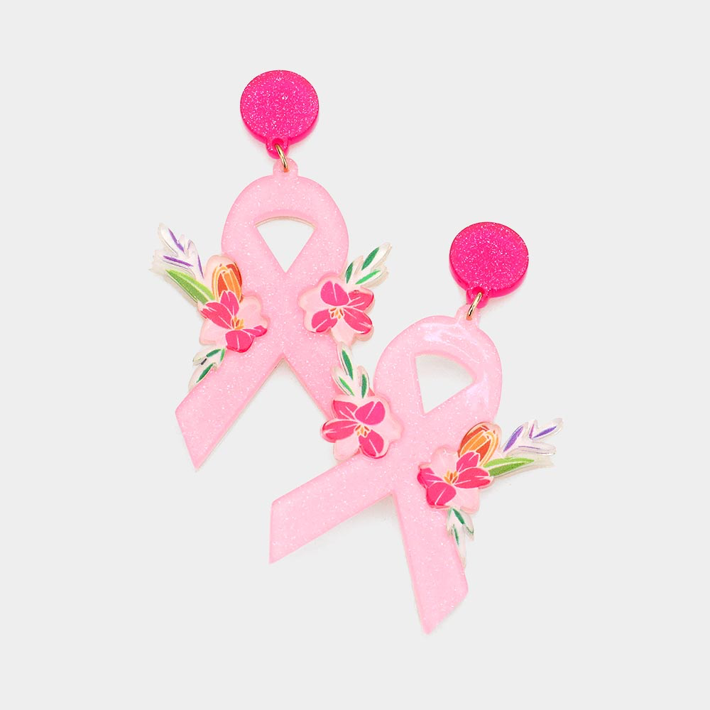 Acetate Flower Decorative Pink Ribbon Dangle Earrings