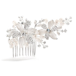 Brushed Silver Floral Wedding Comb with Freshwater Pearls & Crystals