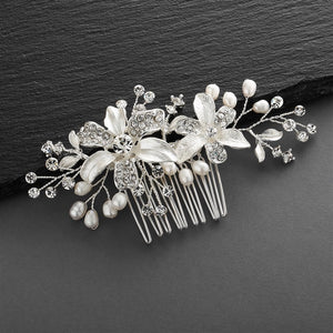 Brushed Silver Floral Wedding Comb with Freshwater Pearls & Crystals