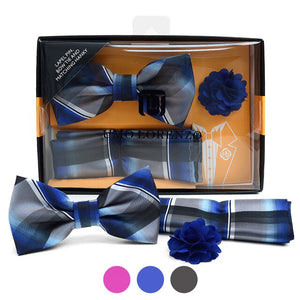 Plaid Banded Bow Tie, Matching Hanky & Lapel Pin Set