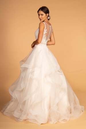 Embroidered Bodice Layered Hem Tulle Wedding Gown