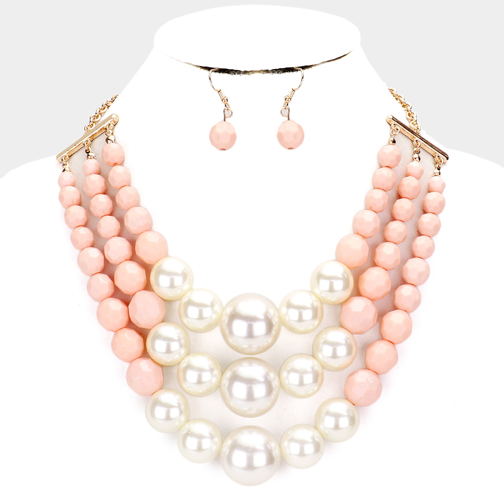 Pearl Faceted Bead Triple Layered Necklace