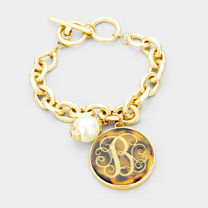 'B' Monogram Pearl Charm Chain Link Monogram Bracelet