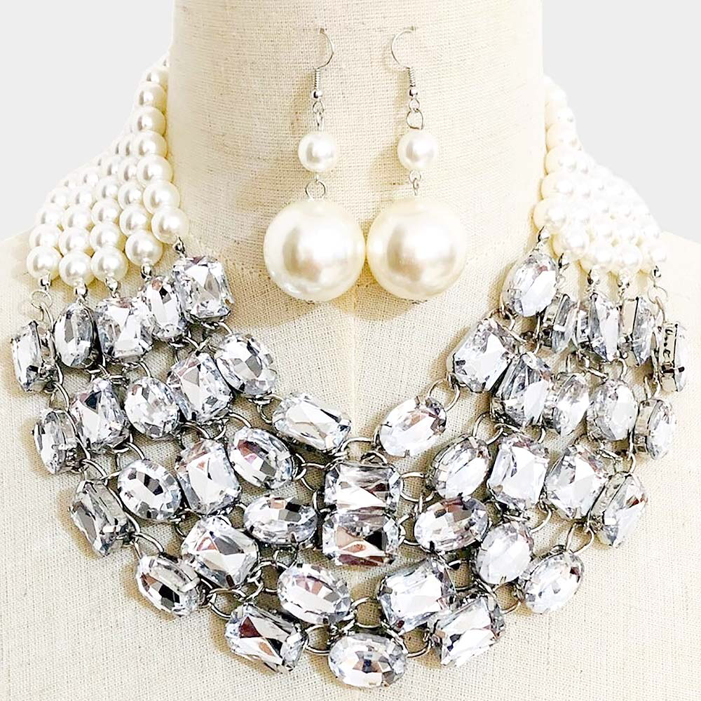 Pearl Rectangle Oval Stone Bib Necklace