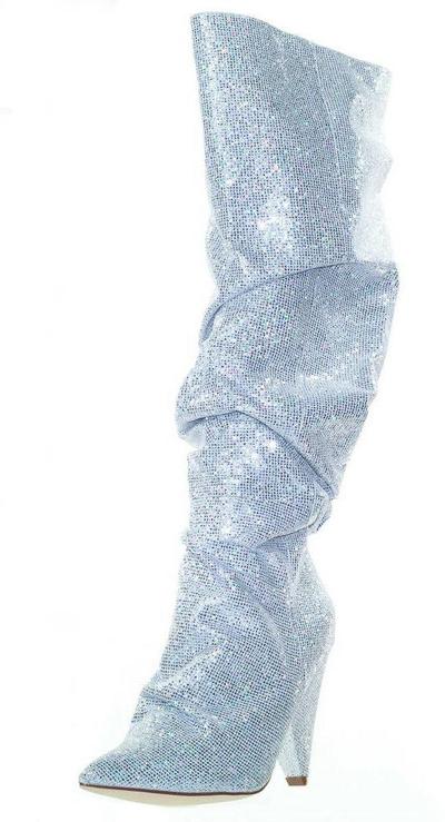 Silver Pointed Toe Slouch Angled Heel Knee High Boot